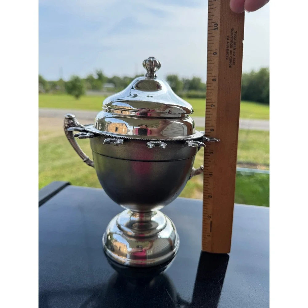 Vtg Britannia Metal Quadruple Plate Spoon Holder Caddy w/ Lid Horseshoe Motif